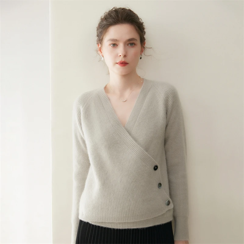 

Women Cross V-neck Cashmere Sweater Thickened Cardigan Autumn Winter Warm Soft Raglan Sleeve 100% Cashmere Knitwear Clothing Top