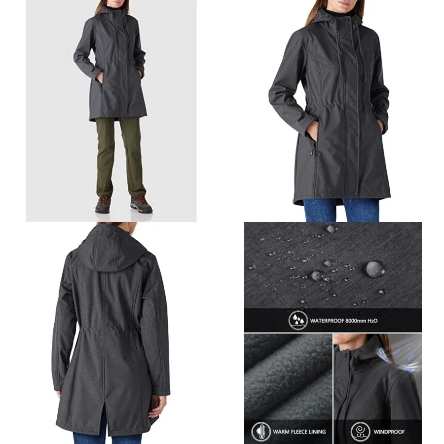 Women's Lightweight Waterproof Fleece Lined Hooded Softshell Rain Jacket, Warm Windbreaker Long Coat