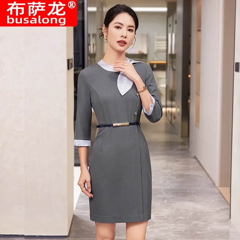 High-End Professional Wear Navy Blue Dress for Women Workwear Professional Beauty Salon Front Desk Slim Fit Elegant Bodycon Dres