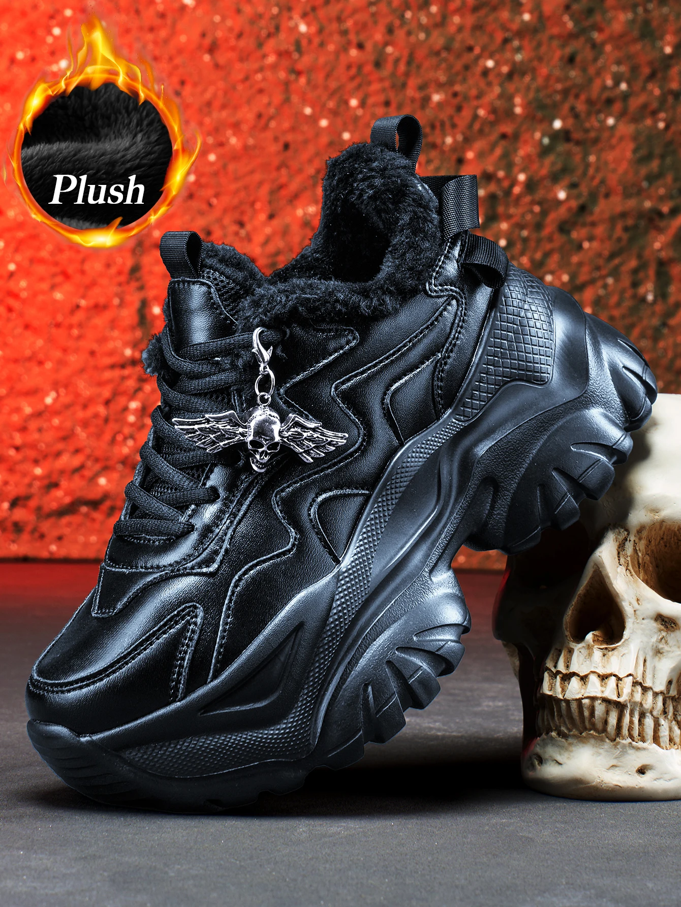 Women's Winter Outdoor Fashion Dad Shoes, Eva Lightweight Thick-Soled, 7cm Height Increase, Casual Sneakers, with Punk-Style Silver Angel Skull Detachable Charm, Comfortable and Warm Black Shoes for Daily Wear - view 2