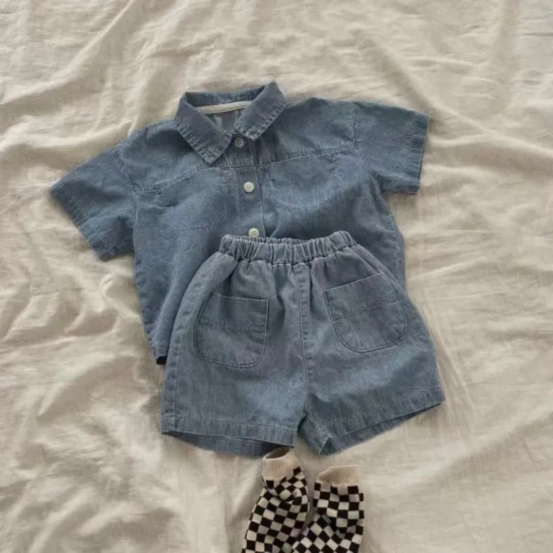 

2025 Summer New Baby Short Sleeve Clothes Set Infant Boy Girl Denim Shirts Coat + Shorts 2pcs Suit Toddler Fashion Casual Set