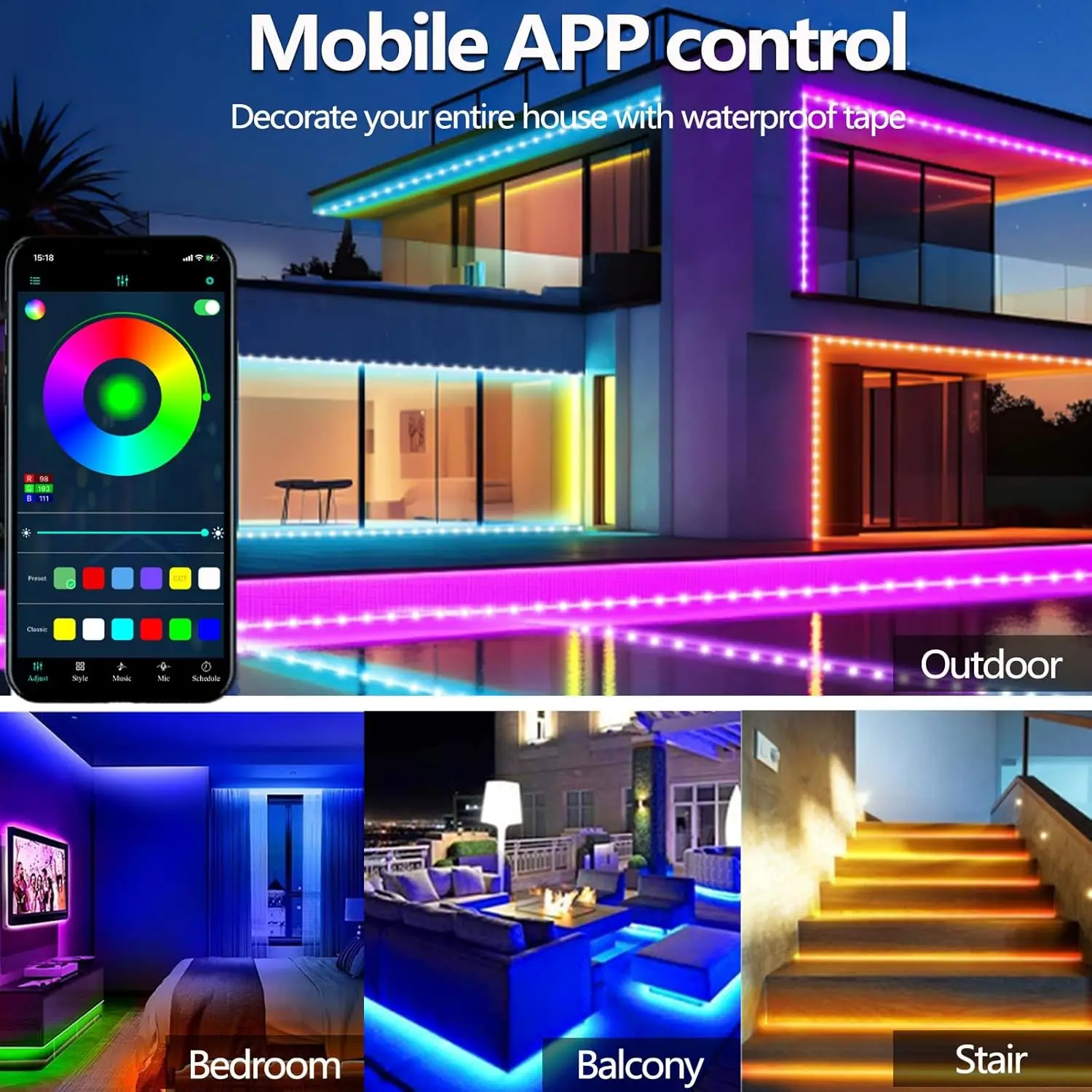 16.4ft 5V USB Powered RGB LED Strip, IP68 Waterproof Music Sync, App & RF Remote Control, Portable Color Changing Lights for Camping, Tent, Garden Party