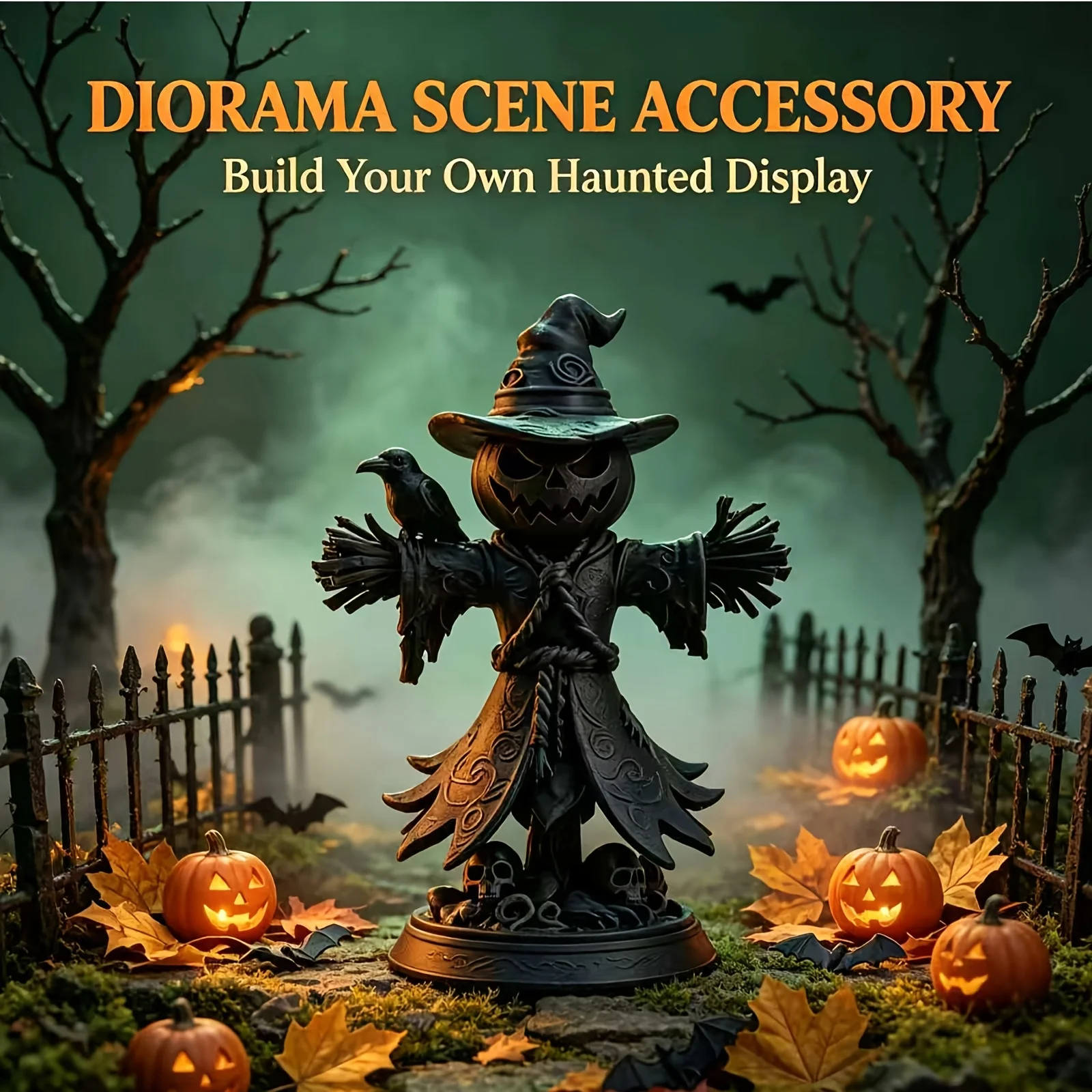 Pumpkin Scarecrow with Crow Miniature Statue 3D Printed Halloween Spooky Home Desktop Ornament Gothic Decor Horror Figurine Gift