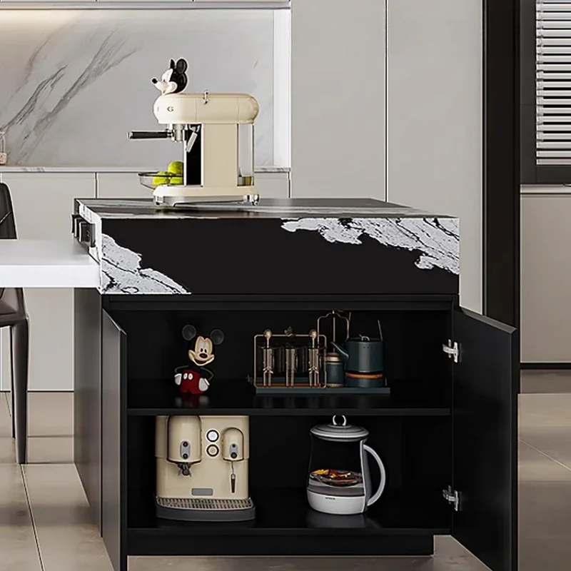 

Island dining table integrated home retractable new black and white high-end light luxury style island customization