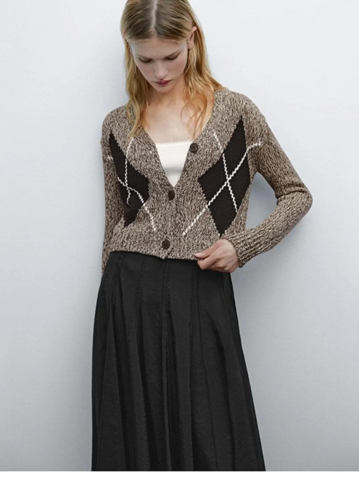 

Spring New Arrival Women's Knitted Pure Cotton Long Sve V-Ne College Sle Diamond Pattern Brown ort Length Open Front...