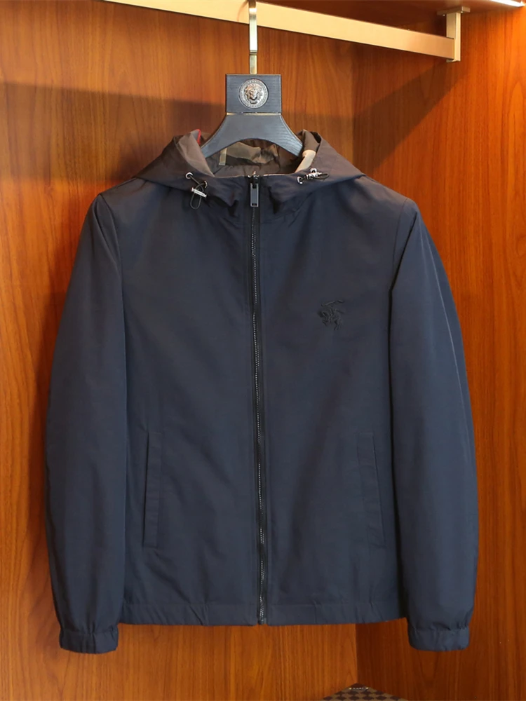 

Весенне-осенняя тонкая мужская куртка с вышивкой и клетчатым узором, приталенная, с капюшоном, дышащая, из полиэстера, модная, городская, молодежная