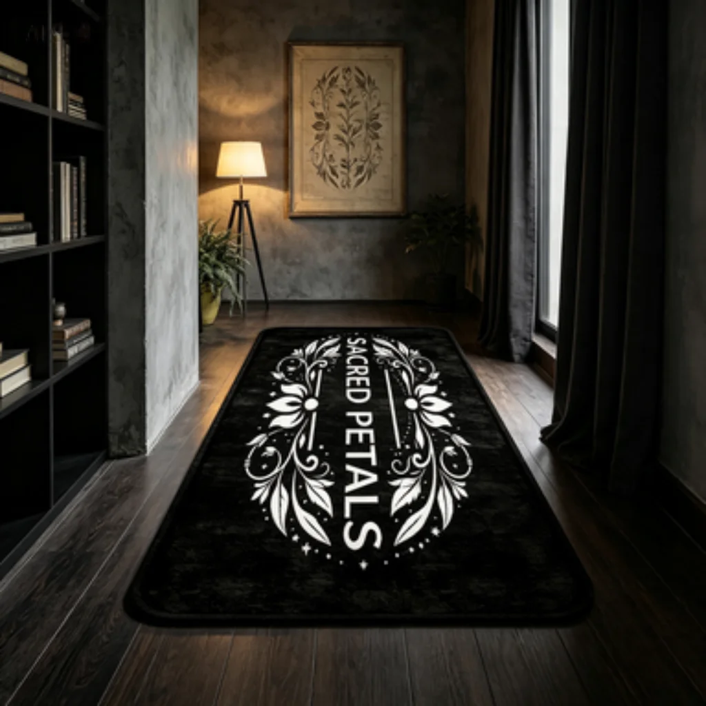 Gothic Black Floral Lace Mat, Black Floral Wreath Mat, Dark Star Moon Vine Runner, Pink Green Leopard Door Mat.