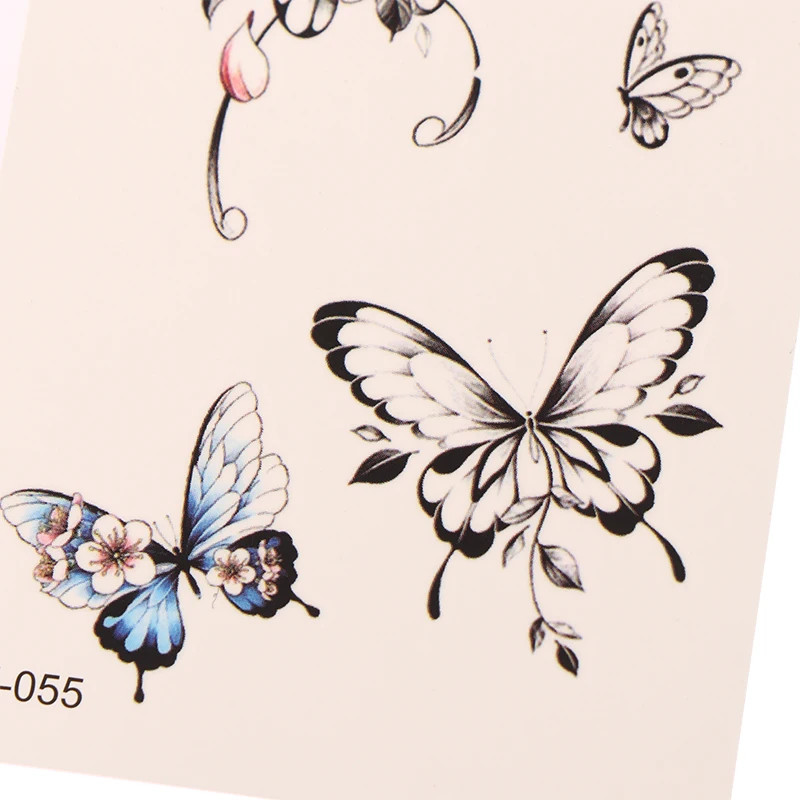 Pegatinas de tatuaje temporal a prueba de agua para hombres y mujeres, tatuaje Flash de transferencia Kawaii, mariposa, rosa, cuello, mano, arte corporal, tatuajes falsos