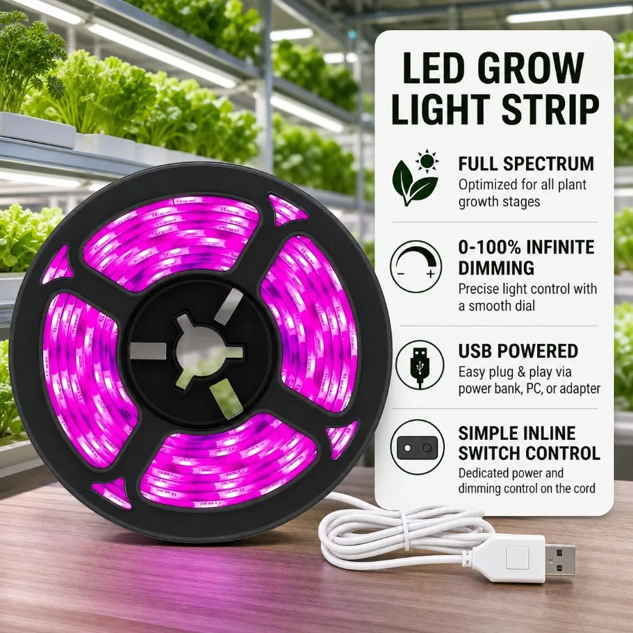 DC5V USB Full Spectrum LED Grow Light Strip 60LEDs/m Touch Dimmable Switch 1-5M Phyto Light for Seedling Veg Flower Plant Growth