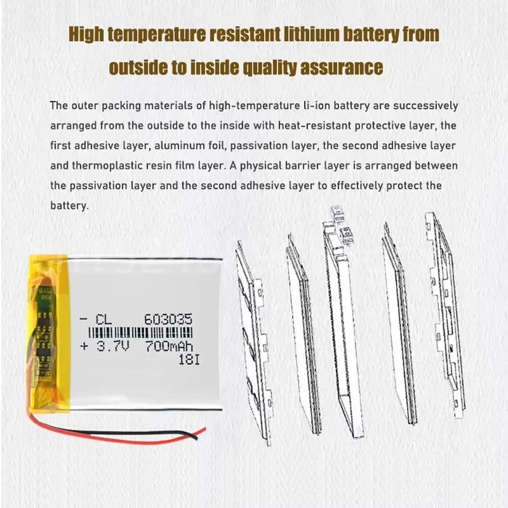 3.7V 700mAh 603035 Lipo Battery Li-ion Lipo Cells Lithium Li-Po Polymer Battery for Speaker Headphone GPS MP3 MP4 Toy