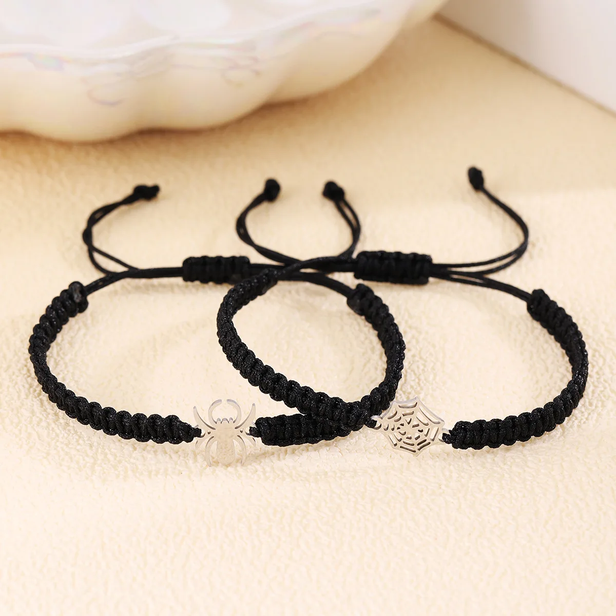 New European & American Style Stainless Steel Black & White Spider Web Handmade Braided Couple Bracelets for Men and Women