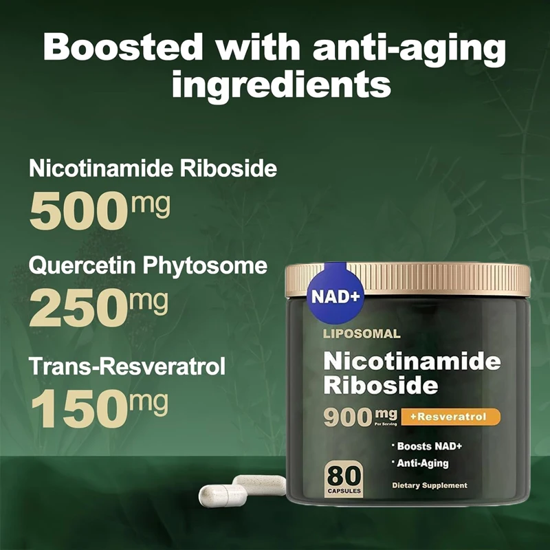 Resveratrol, Quercetin, NAD Nicotinamide Nucleoside - High Purity NAD Supplement, One Bottle, 80 Capsules, Vegetarian