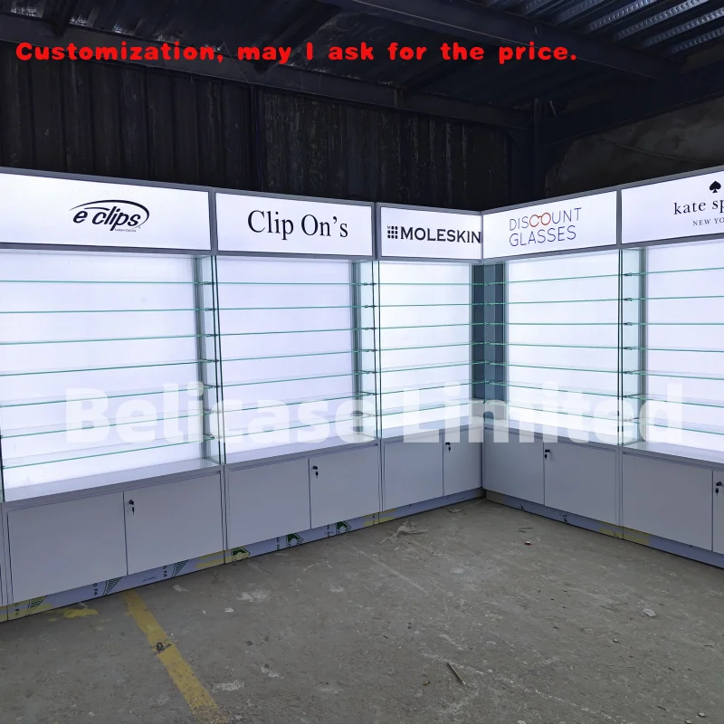custom.High Quality Optical Shop Display Shelves Wood Acrylic Display Stand Eyeglasses Store Wall Cabinet with Lighting