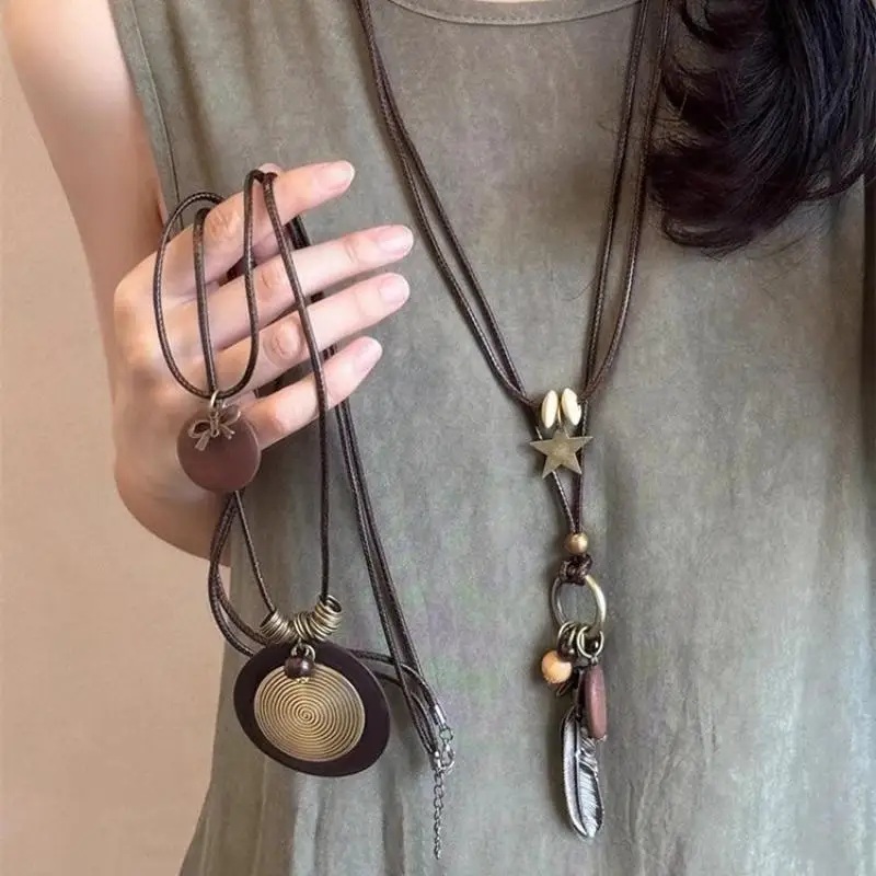 Vintage Boho Metal Feather Necklace Women Antique Long Collar Chains Pendant Handmade Statement Jewelry Layers Accessories Gift