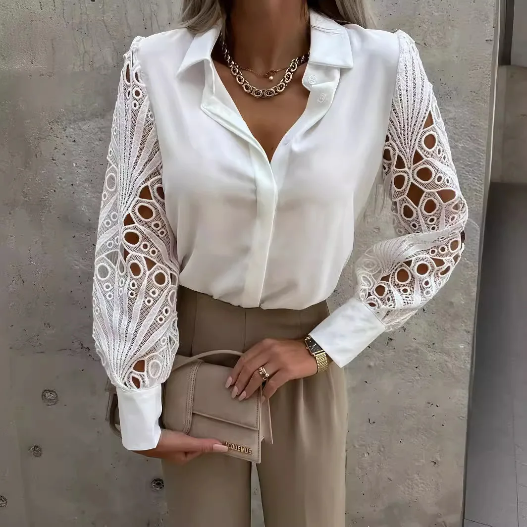 Fashion Elegant Long Sleeve Shirts Women Blouses 2025 New Spring Female White Lace Patchwork Shirt For Women Office Ladies Tops