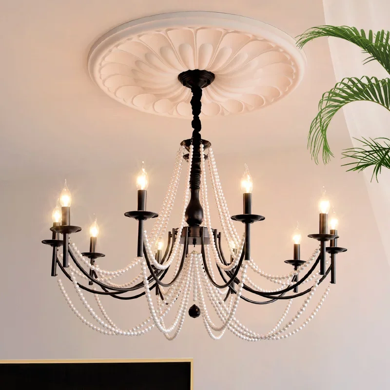 French retro living room chandelier antique pearl chandelier dining room American bedroom lamps simple and advanced chandelier