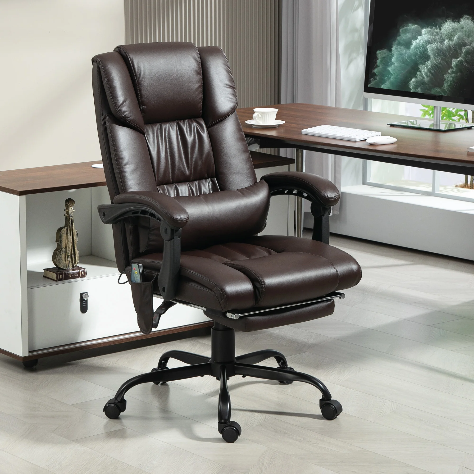 Massage-Bürostuhl mit 6 Vibrationspunkten, hochlehniger Bürostuhl mit Fußstütze und Fernbedienung, braun