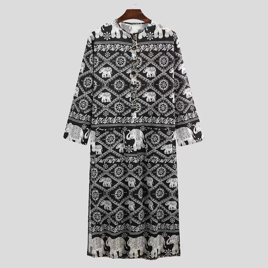 2023 Men Muslim Robes Ethnic Print Long Sleeve Pockets Loose Casual Robe Abaya Islamic Arabia Kaftan Man Dubai Kaftan Abayas