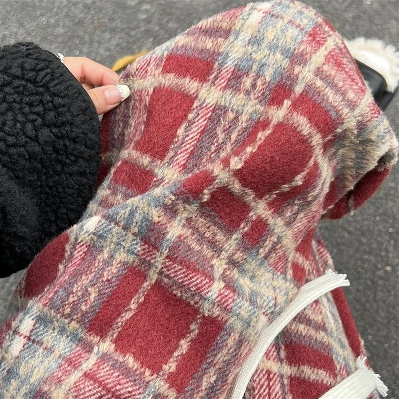 Men's Casual Straight Leg Pants Autumn Winter Plaid Wide Leg Casual Comfortable All-Match Heavyweight Lazy American Retro Red