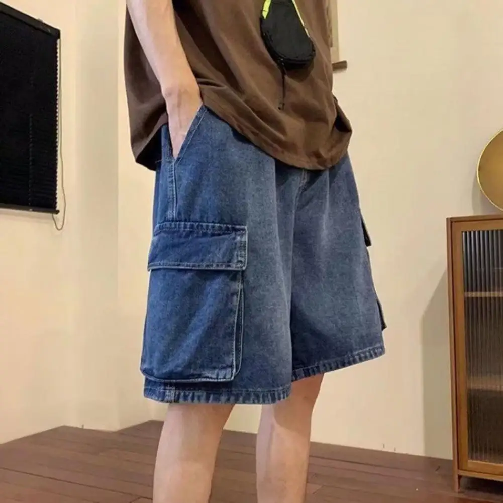 Fashion Casual Retro Blue Cargo Port Style Loose Big Pocket Denim Shorts Men Summer Thin Fashion Washed Five Point Casual Pants