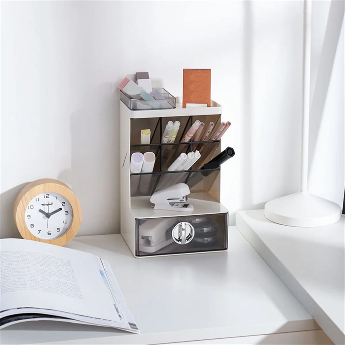 ที่ใส่ปากกาที่จัดระเบียบบนโต๊ะพร้อมลิ้นชักจัดเก็บดินสอสำหรับจัดระเบียบในสำนักงานที่จัดเก็บแปรงสำหรับโรงเรียนในสำนักงาน