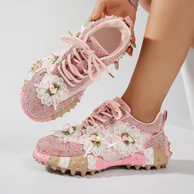 High-quality Thick-soled Round-toe Lace-up Sequined Multi-color Comfortable Anti-slip Breathable Sports and Casual Women's Shoes