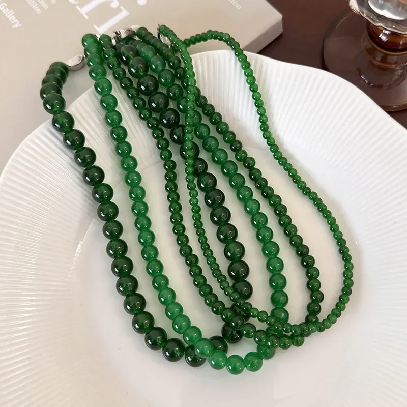 Minar 2024 New 4 6 8 10mm Green Color Glass Beads Strand Beaded Necklace for Women Female Silver Plated Toggle Clasp Chokers