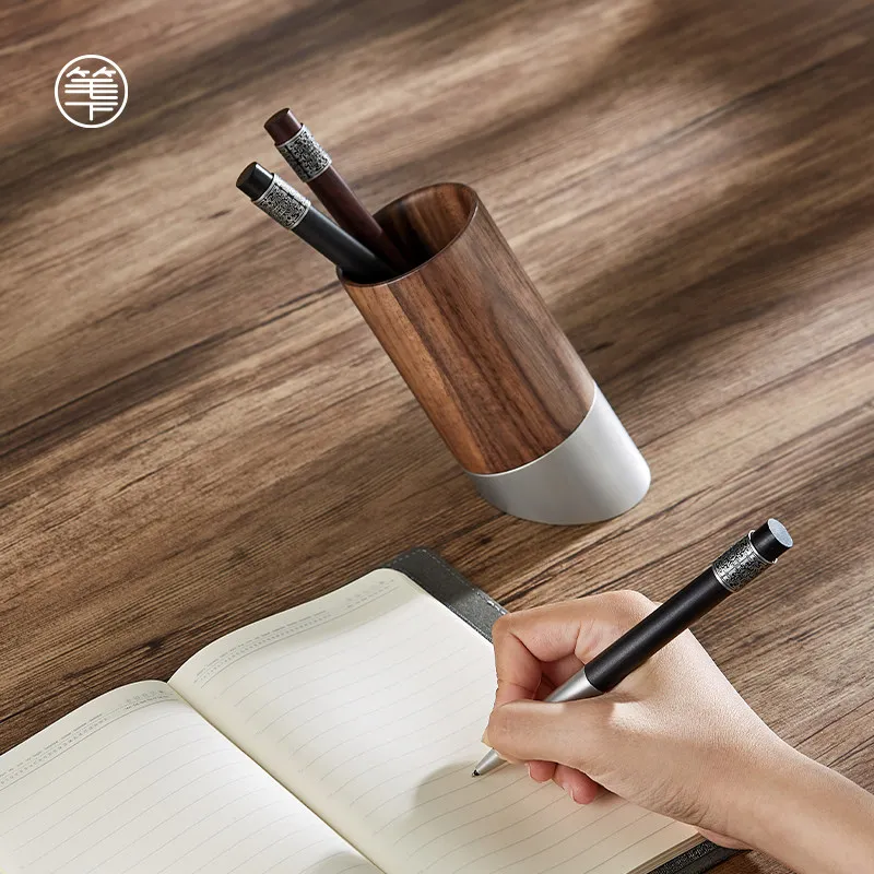 ✨ Walnut Wood Pencil Holder with Metal Base Stable Oblique Writing Desk Organizer for Office Modern Minimalist Pen Storage Box