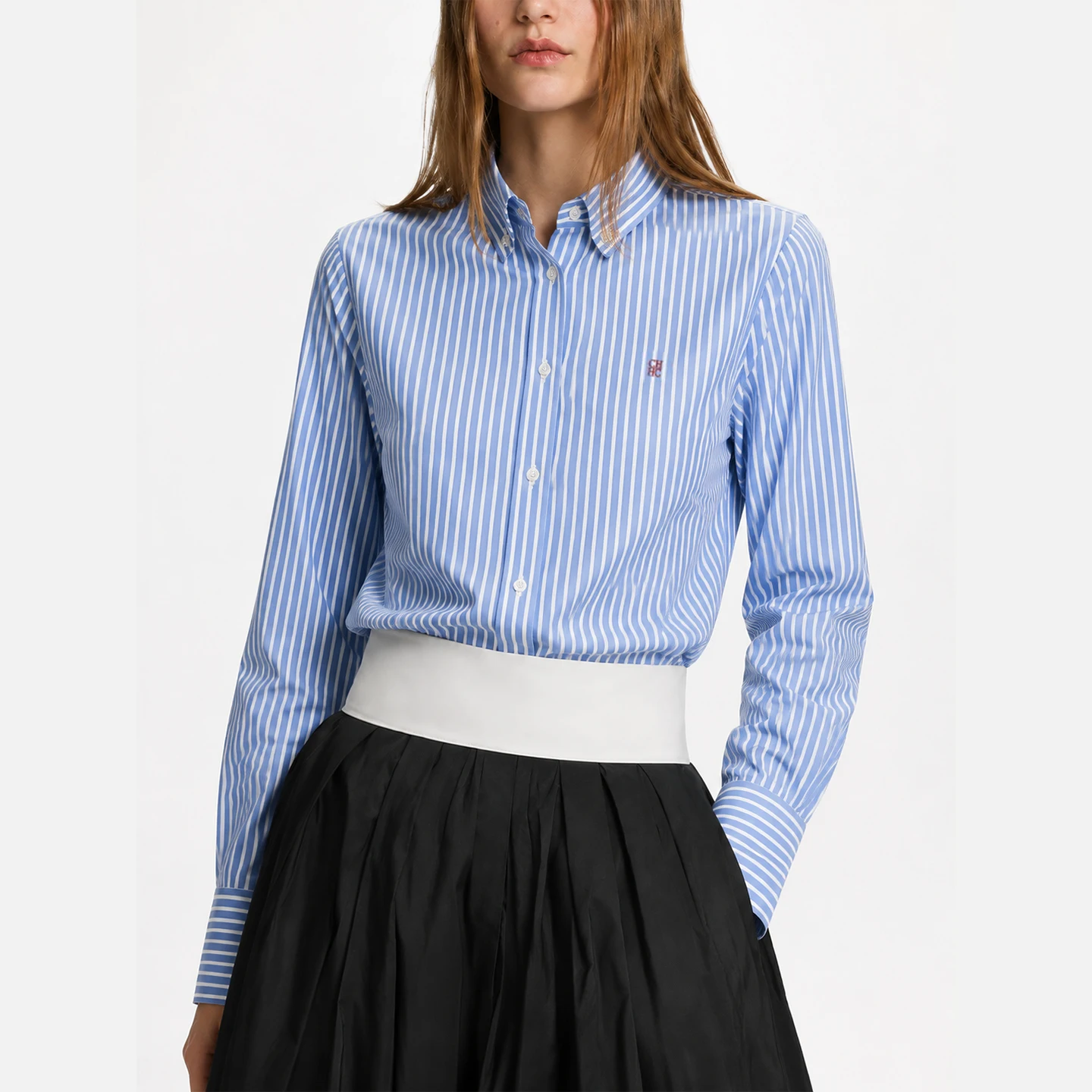 CH Damen Blau-Weiß Gestreiftes Hemd Langarm Daunenbluse Lässige Büro-Damen-Oberteile Modisches Slim-Fit Business-Arbeitshemd – Detail 4