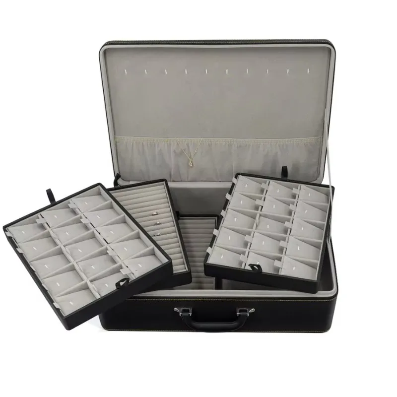 Compartiments de fonction Mulit en cuir PU noir, organisateur de transport de bijoux, valise pour hommes, bijoux de voyage, grand pour les affaires