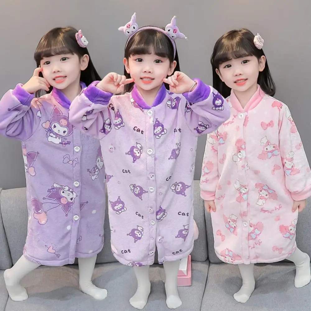 Kawaii Kuromi Melody Children's Flannel Night-Robe Sanrios Anime Autumn Winter Cartoon Girls Thicke Warm Comfortable Home Wear