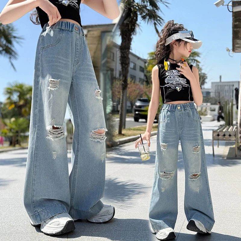 Trendy Ripped Hole Straight Leg Jeans Girl's Spring Summer High Waist Loose Wide Leg Pants Slimming Design Casual Denim Pants