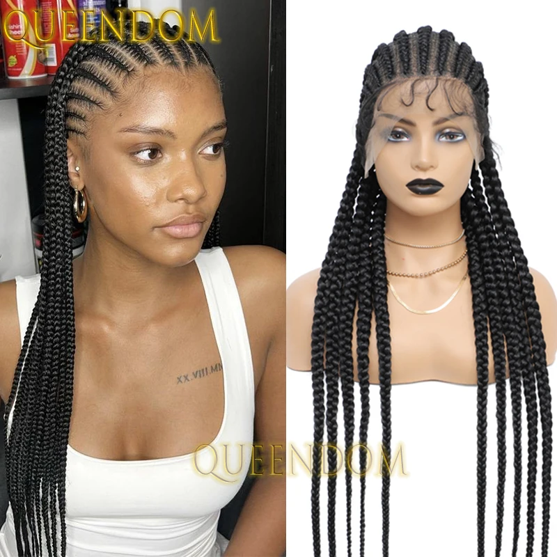 

Full Lace Box Braid Wig with Baby Hair 36 Inch Natural Knotless Cornrow Plait Braids Wig Synthetic Faux Locs Braided Goddess Wig