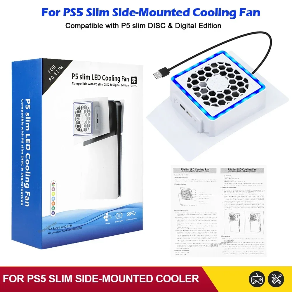 Seitlich montierter Lüfter mit LED-Licht, 2 USB-Anschlüsse, Spielekonsolen-Lüfter, Seitenkühler für PS5 SLIM, Spielekonsolen-Zubehör
