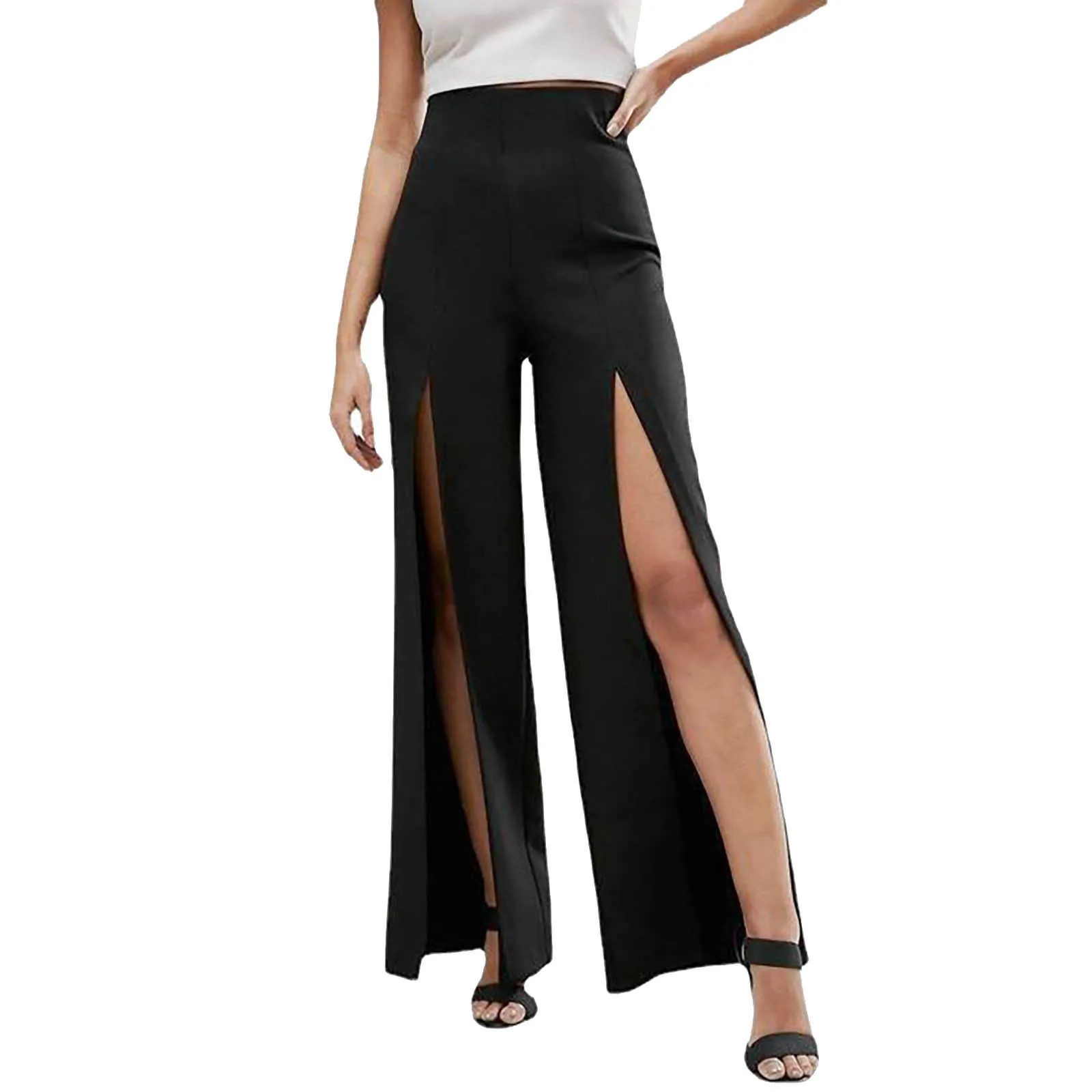 2024 Women's Front Slit Wide Leg Pants Elastic High Waist Flare Trousers Sexy Cool Beach Pants Summer Streetwear A-line Skirts