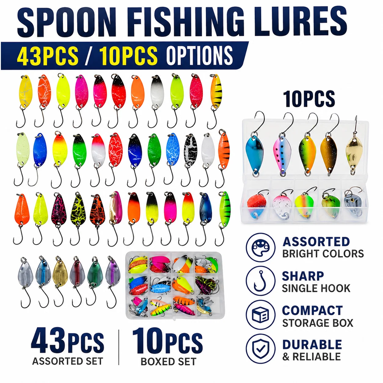Assorted Metal Spoon Lures Set, 10/43 Pieces Colorful Fishing Spoon Baits, Trout Bass Salmon Fishing Artificial Lures