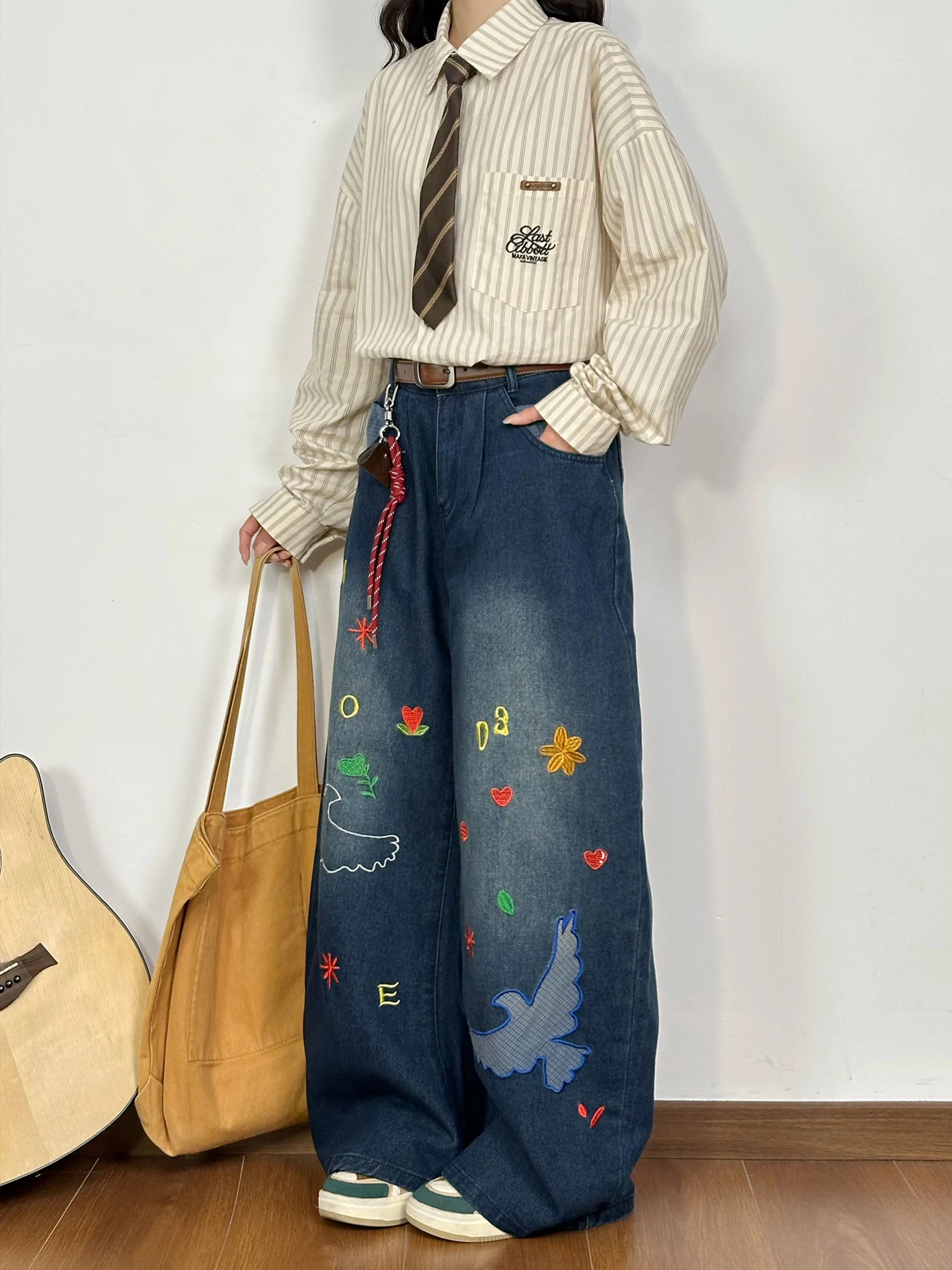 

Джинсы Waed Denim женские свободные широкие брюки осенне-зимние новые винтажные с вышивкой удобные повседневные брюки