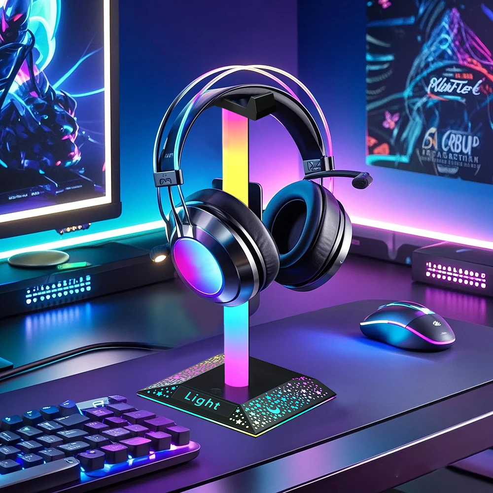 RGB Gaming Headphone Stand Light Desk Display Holder LED Atmosphere lights USB Pickup Light Headset Support Bracket