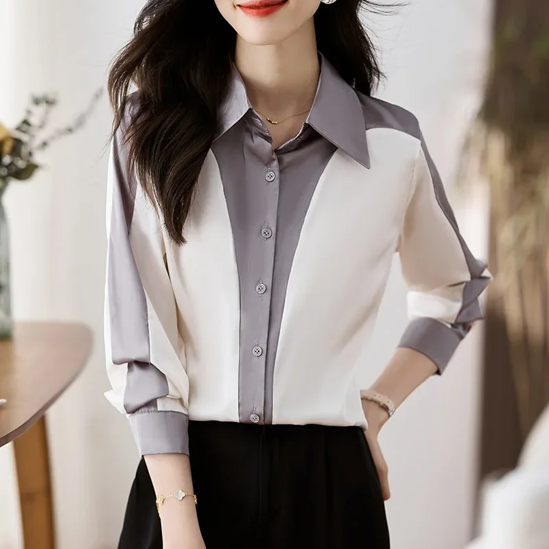 

Women Clothing Spring Tops New Long Sleeve Patchwork Chiffon Shirts Chic Contrast Office Korean Fashion Casual Blouse Female