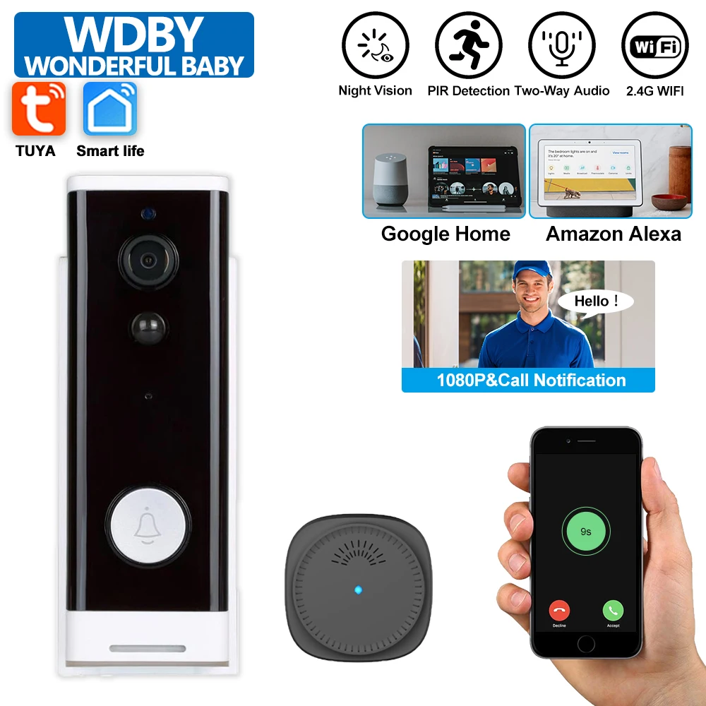 

Умный беспроводной видеодомофон Tuya с Wi-Fi 2.4G, 1080P HD, 2000 мАч, ночным видением, камерой безопасности и совместимостью с Alexa