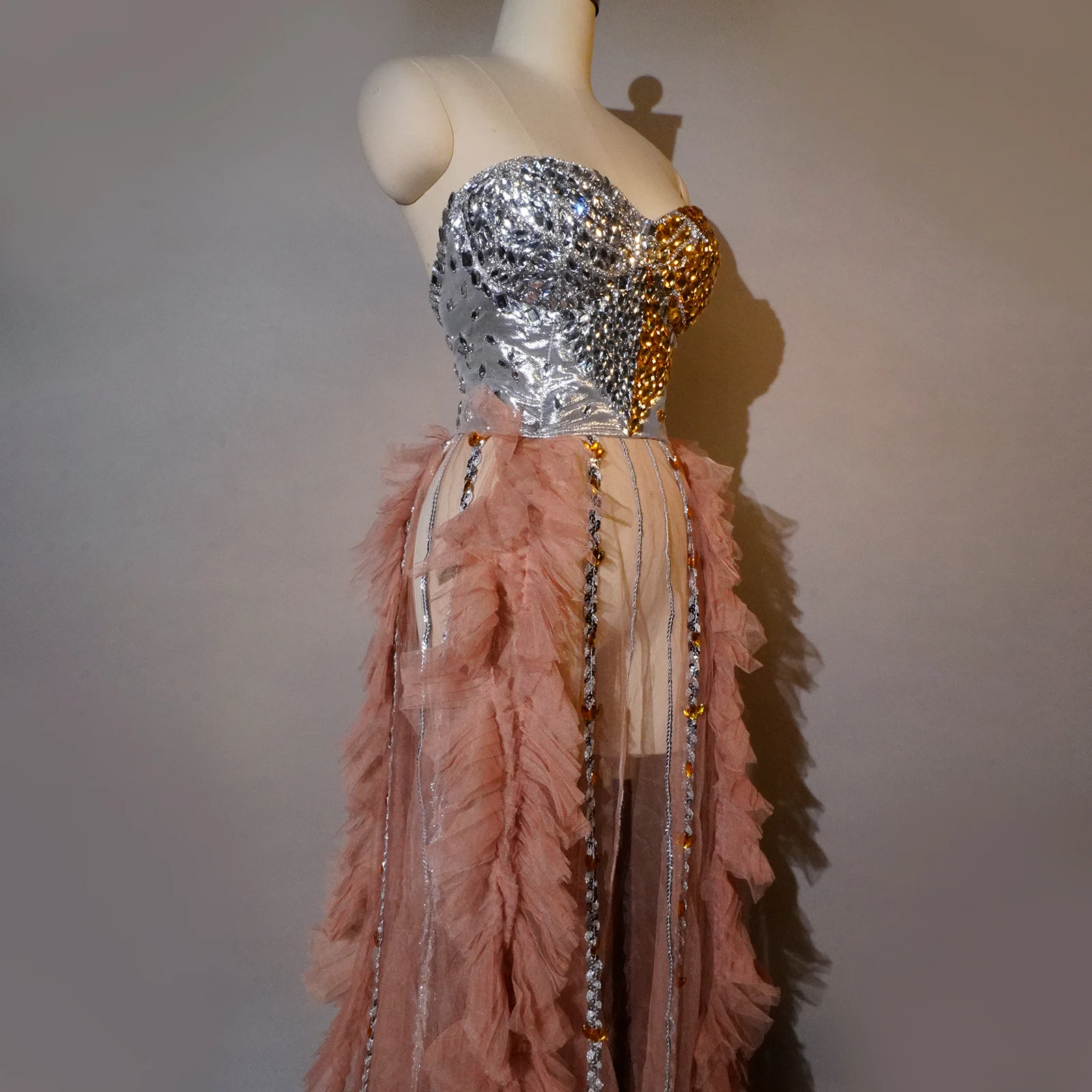 

New sexy prom skirt silver gold rhinestone pink long dress Two-Pieces Set Birthday Party Nightclub Celebrate Performance Singer