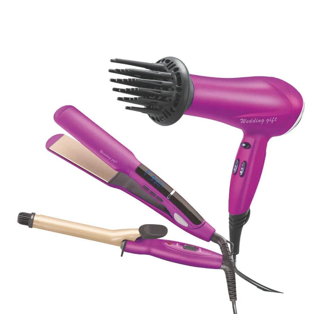 Barbershop Salon Hot and Cold Wind Purple Hair Straightener Curling Iron Hair Dryer Three-piece Set  EN-6303