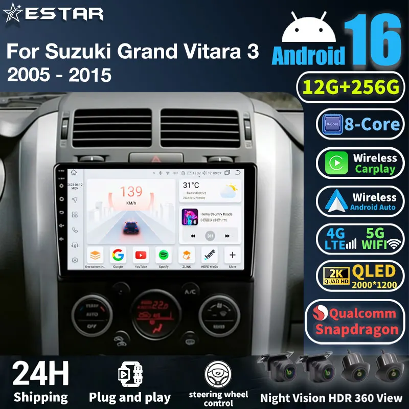 

Автомагнитола Android 16 для Suzuki Grand Vitara 3 2005-2015 с видео, навигацией, QLED, GPS, мультимедийным плеером, беспроводным CarPlay и Auto