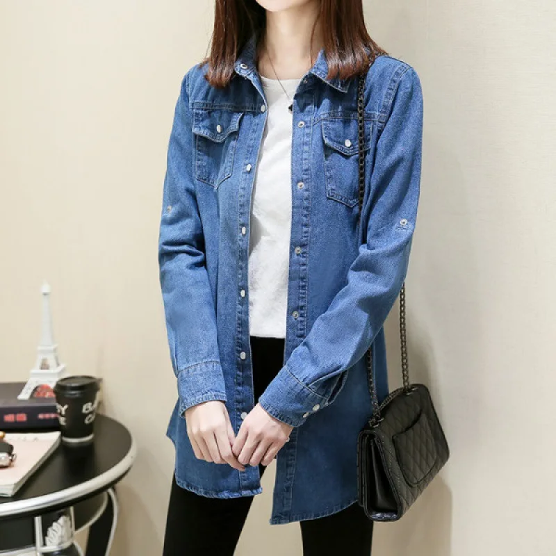 2024 Spring Autumn Denim Shirt Women Fashion Jeans Shirt Cotton Long Sleeve Korean Slim Blouses Jeans Ladies Lapel Collar