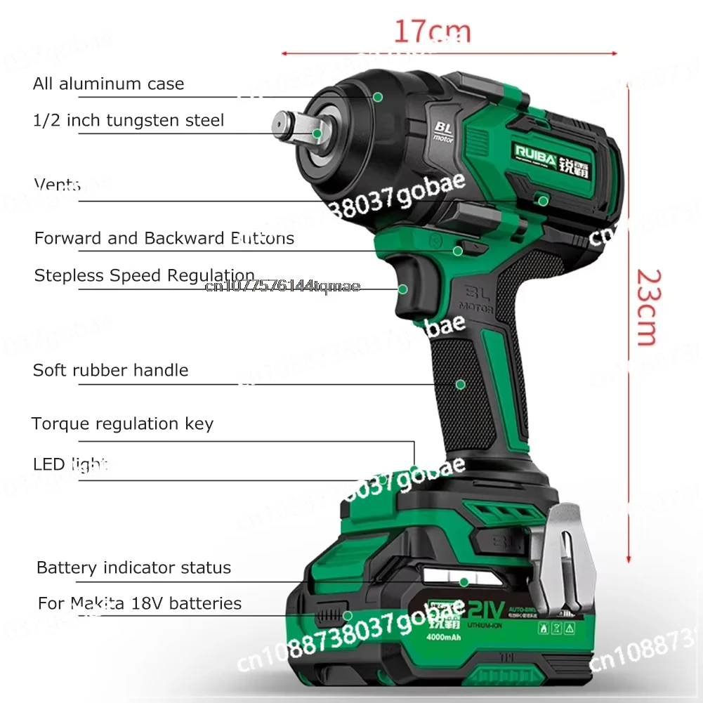 RUIBA 1/2 Inch Electric Impact Wrench 950Nm Brushless Cordless Electric Wrench For Makita 18V Battery Screwdriver Power Tools