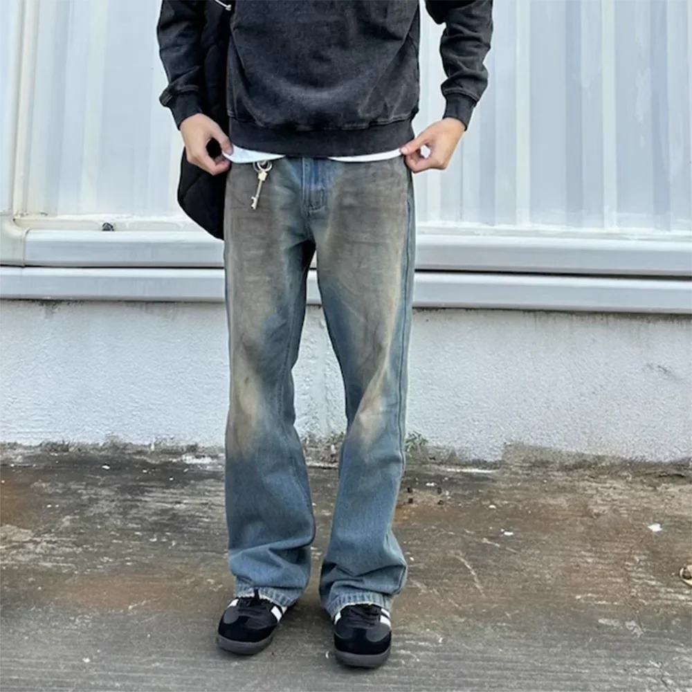 

Handmade Distressed Mud Dyed Dirty Baggy Blue Jeans for Men Straight Baggy Casual Overalls Harajuku Loose Denim Trousers