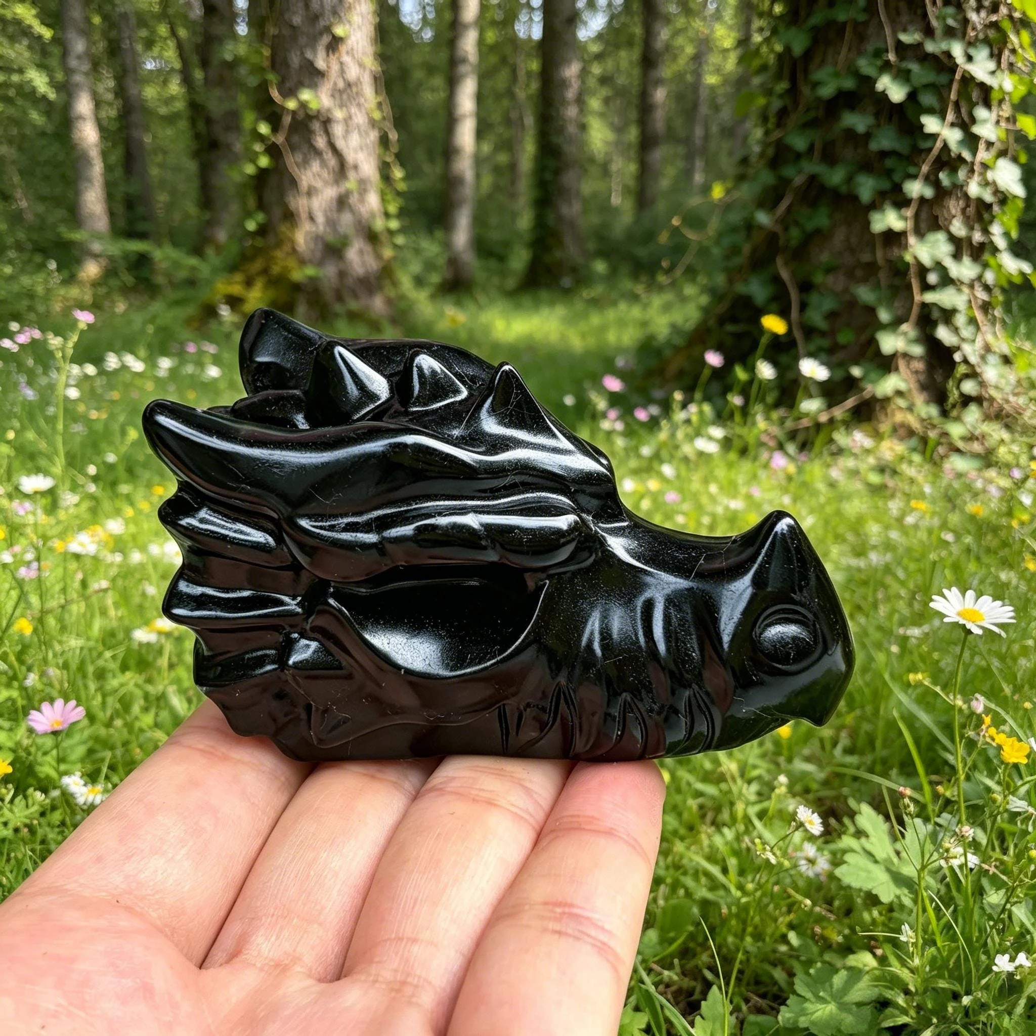 Natural Black Obsidian Dragon Skull Carving Hand Carved Gemstone Fantasy Creature Figurine Reiki Healing Gothic Home Decor Gift view 6