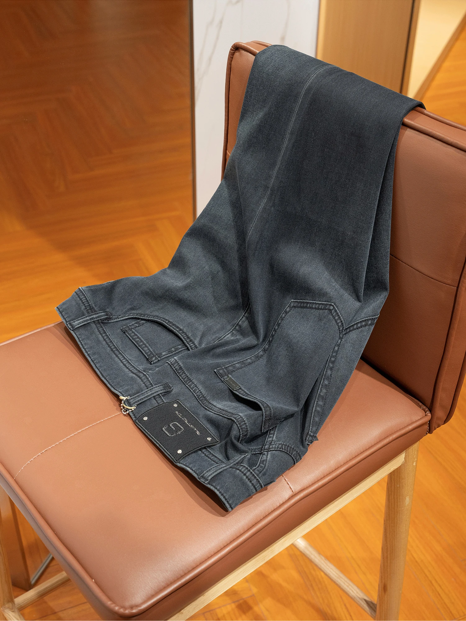 

Elastic Comfortable Breathable Men's Slim Straight Jeans Spring Summer Thin High End Dploid mid Waist Cotton Blend Fabric