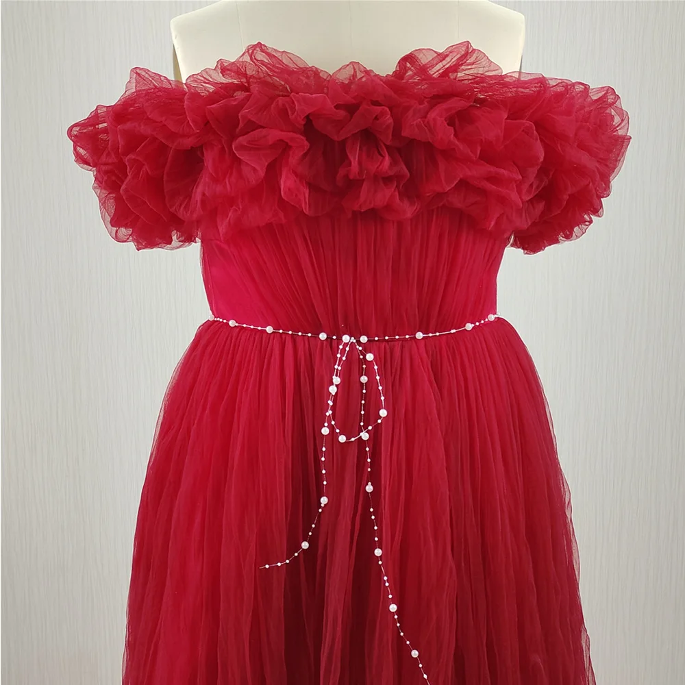 Feelingarden Foto reale Abito da sera personalizzato taglie forti Vino rosso Tulle con spalle scoperte Abiti da festa da donna a trapezio lunghi fino al pavimento