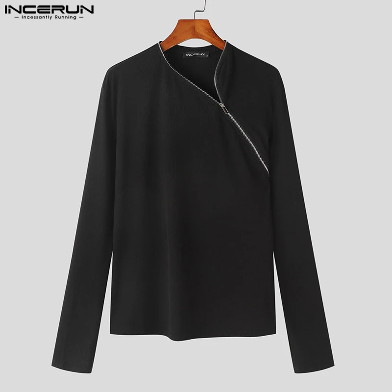 INCERUN Men's T Shirt Zipper Solid Color Long Sleeve Casual Men Clothing Streetwear 2023 Fitness Korean Fashion Tee Tops S-5XL